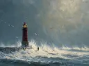 Schilderij van een rode vuurtoren in een storm met brekende golven