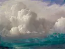 Storm Clouds van Albert Bierstadt: zee met wolken, zee, water en storm, in wit en turquoise