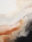 Abstract schilderij met een diagonale overgang van roestrood naar zwart met verfspatten.