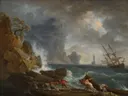 Stormachtige zee voor een Italiaanse haven van Joseph Vernet: zee met storm, golven, rotsen en schip, in donkergrijs met blauw