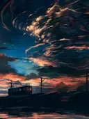 Schilderij van stormlucht boven trein