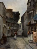 Straat in Landerneau van Johan Jongkind: stad met straat, huizen, mensen en dorp, in gedempt grijs en bruin