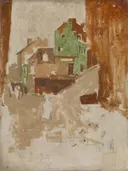 Straat in Montmartre, Parijs van George Hendrik Breitner: stad met straat, huizen, Parijs en gevels, in gedempt oker en groen