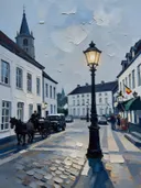 Straat met paardenkoets in paletmes, schilderij