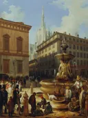 Straatgezicht in Milaan met de dom op de achtergrond van Angelo Inganni: stad