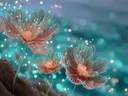 Schilderij van gloeiende doorschijnende bloemen tussen rotsen in turquoise licht