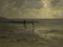 Strand bij avond van Jacob Maris: zee met strand, zee, avond en wolken, in gedempt grijsblauw