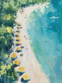 Schilderij van een strand van bovenaf met gele parasols en turquoise zee
