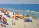 Schilderij van een druk strand met kleurrijke parasols en badgasten aan zee