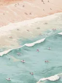 Schilderij van een strand gezien van bovenaf met zwemmers en surfplanken in turquoise water