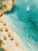 Luchtfoto van een strand met gele parasols en een zeilboot in zee.