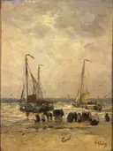 Strandgezicht van Hendrik Willem Mesdag: zee met strand, vissersboten, mensen en zee, in warm oker en blauwgrijs