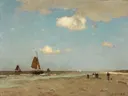 Strandgezicht van Jan Hendrik Weissenbruch: zee met strand, zee, zeilschepen en wolken, in licht blauw en zandbeige