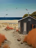 Kustlandschap met een houten strandhuisje, duinen, rood helmgras en meeuwen in de lucht.