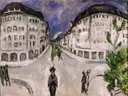 Street at Schöneberg City Park (1912 13) van Ernst Ludwig Kirchner: stad met straat, gebouwen, mensen en park, in wit, paars en groen