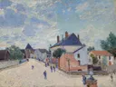 Street in Moret van Alfred Sisley: stad met straat, huizen, dorp en mensen, in roze en blauw