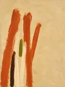 Streken langs de linkerrand in klei, abstract schilderij met brede penseelstreken