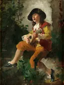 Strömkarlen van Carl Larsson: figuren met viool, jongen, hoed en struiken, in warm oker met groen
