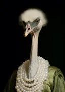 Struisvogel schilderij met parelketting, excentriek dierenportret