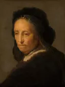 Studie van een oude vrouw ('Rembrandts moeder') van Rembrandt: portret met oude vrouw, kap en donkere mantel, in warm bruin
