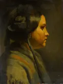 Studiekop van een jonge vrouw in profiel van Matthijs Maris: portret met jonge vrouw, profiel en opgestoken haar, in warm bruin en okergeel