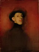 Study from Life for the Portrait of King Alfonso XIII van Ramon Casas: portret met man, zwarte hoed, jong en donkere kleding, in rood met zwart