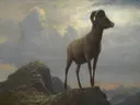 Study of a Bighorn Ram van Albert Bierstadt: dieren met ram, hoorns, rots en wolken, in grijsbruin