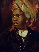 Study of a Black Boy YORAG 856 van William Etty: portret met jongen, tulband en donkere achtergrond, in warm bruin en rood