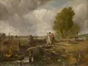 Study of A boat passing a lock van John Constable: landschap met sluis, boot, bomen en rivier, in groen met grijsblauw