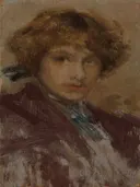Study of a Girl's Head and Shoulders van James McNeill Whistler: portret met meisje, krullend haar, sjaal en studie, in warm bruinrood