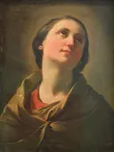 Study of a Young Woman, Head and Shoulders van Ubaldo Gandolfi: portret met vrouw, opkijkend, doek en studiekop, in warm bruin en okergeel
