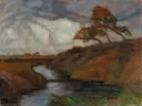 Sturm im Moor, ca. 1930 31 van Otto Modersohn: landschap met storm, boom, sloot en wind, in donker bruin en grijs