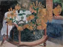 Sunflowers van Paul Gauguin: bloemen met zonnebloemen, stoel, boeket en raam, in geel, groen en blauw