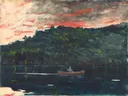 Sunrise, Fishing in the Adirondacks van Winslow Homer: landschap met meer, kano, visser en zonsopgang, in rood en donkergroen