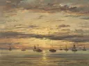 Sunset at Scheveningen: A Fleet of Fishing Vessels at Anchor van Hendrik Willem Mesdag: zee met vissersvloot, zonsondergang, zee en schepen, in goudoranje en grijs