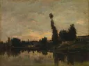 Sunset on the River Oise van Charles-Francois Daubigny: landschap met rivier, zonsondergang, bomen en water, in warm oranje en bruin