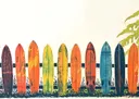 Illustratie van kleurrijke surfboards tegen een schutting met een palmblad in de hoek
