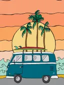 Illustratie van een blauw surfbusje op het strand bij zonsondergang
