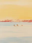Schilderij van surfers die bij zonsondergang door ondiep water lopen met surfplanken.