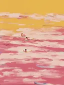 Schilderij van surfers op surfplanken in zee met roze en gele zonsondergangkleuren.