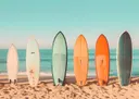 Rij gekleurde surfplanken op een strand