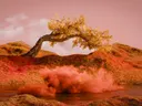 Surrealistisch rood-oranje landschap met een gebogen boom op een heuvel en opstijgende mist boven water.