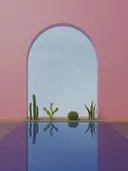 Surrealistische illustratie van cactussen voor een roze boog, weerspiegeld in water