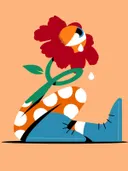 Cartoonachtige illustratie van een wezen met een rode bloem als hoofd