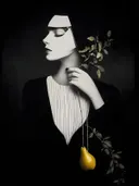 Surrealistisch schilderij van een figuur met een peer
