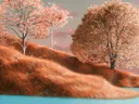 Surrealistisch landschap met oranje gras, roze bloesembomen en turkoois water