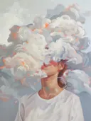 Surrealistisch schilderij van persoon met rookvormig hoofd