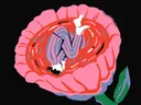 Illustratie van een figuur die ondersteboven in een grote roze bloem valt.