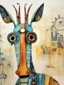 Surrealistisch schilderij van een gazellekop met mechanische onderdelen en ronde metalen ogen