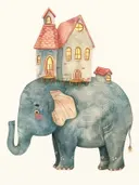 Olifant met kleine huisjes op zijn rug, surrealistische illustratie